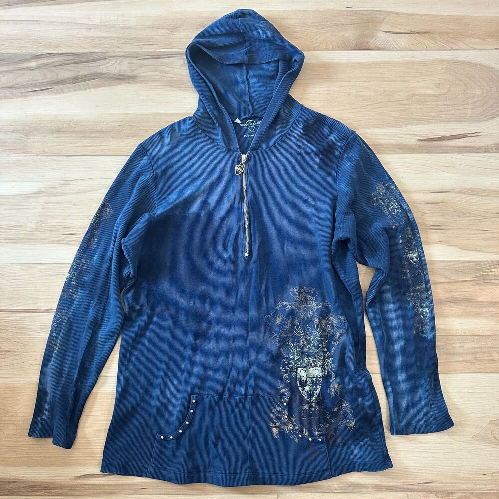 Sledge‎ Womens Waffle Pullover Half Zip Y2K Grunge Distressed Blue Plus 3X